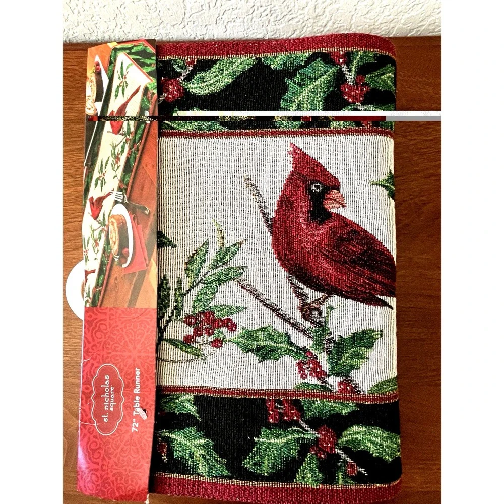 Vtg St Nicholas Square Cardinal Tapestry Christmas TABLE RUNNER & 1 Dish Towel